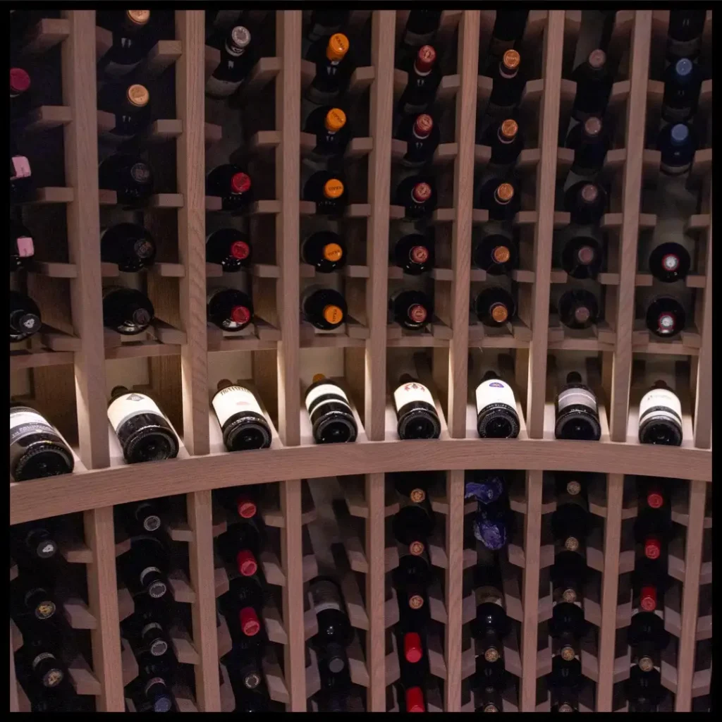 Curved wine rack with integrated LED display tiers in McLean Virginia